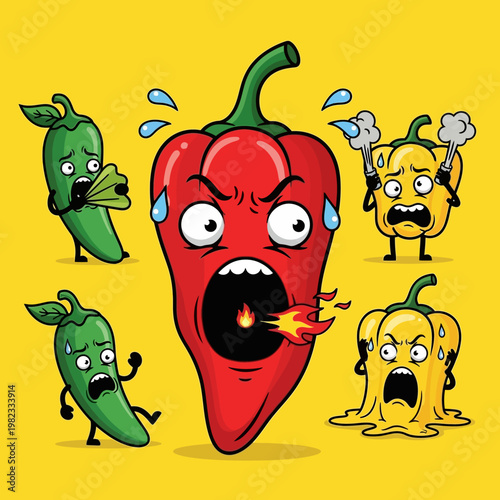 Spicy peppers with comical expressions.