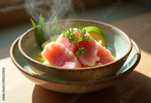 Minimalist Ceramic Bowl Featuring Fresh Tuna and Avocado Arrangement Surrounded by Subtle Organic Elements