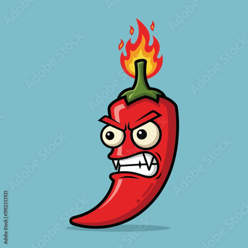 Angry red chili pepper with flames.