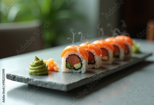 Minimalist Stone Presentation of Sushi Roll Platter Surrounded by Wasabi and Ginger Accents