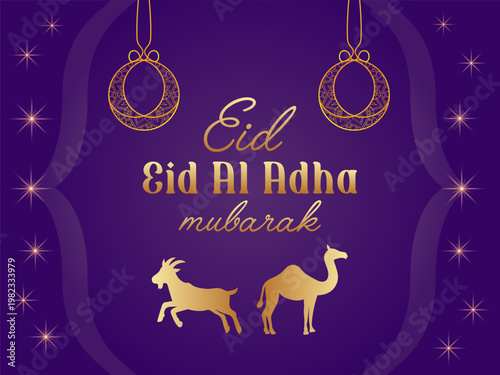 Elegant Eid al Adha Mubarak Greeting with Camel and Goat on Purple Background