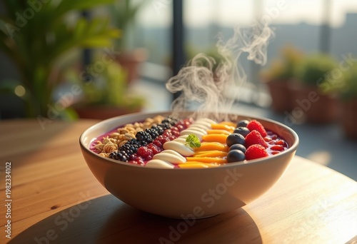 Organic Superfood Smoothie Bowl Aesthetic Shot Luxurious Rooftop Cafe Serenity Wellness Trend