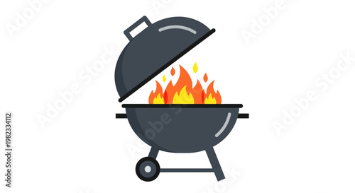 Illustration of a black charcoal barbecue grill with open lid and hot flames.