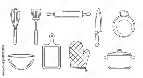 Line art illustration of kitchen tools for cooking and baking activities