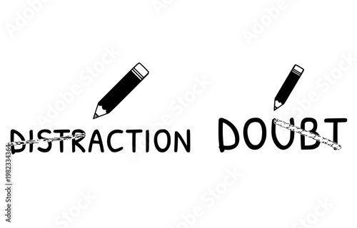 Minimalist vector illustration of crossed out words distraction and doubt using a simple black graphite pencil