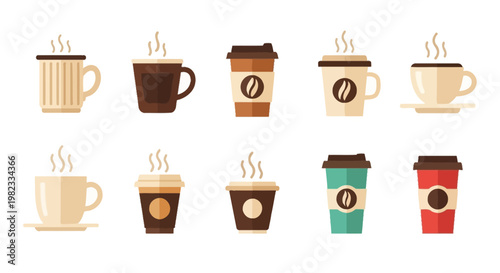 Collection of coffee cups and to go containers with steam isolated