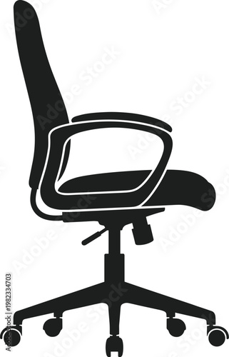 Minimal office chair silhouette side view, ergonomic swivel chair solid black icon