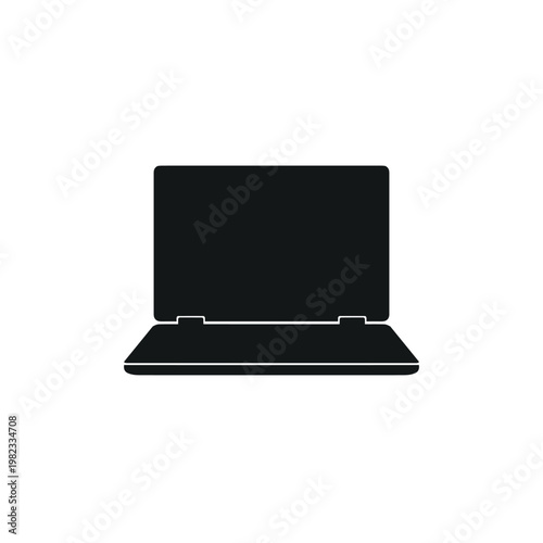 Minimal laptop silhouette front view, open notebook computer icon, solid black isolated on white
