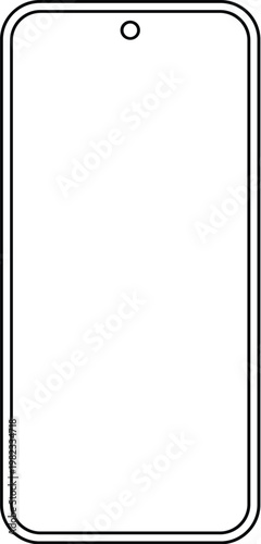 Minimal smartphone outline front view, modern mobile phone with punch hole display