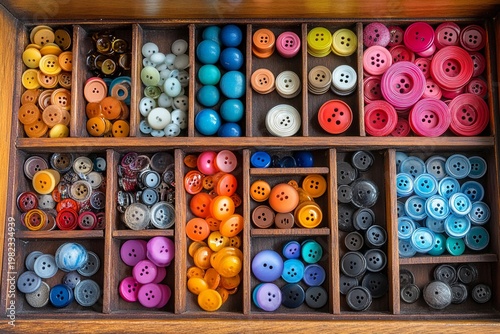 Colorful buttons neatly organized by size and color