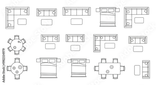 Architectural floor plan illustrations of furniture arrangements in rooms