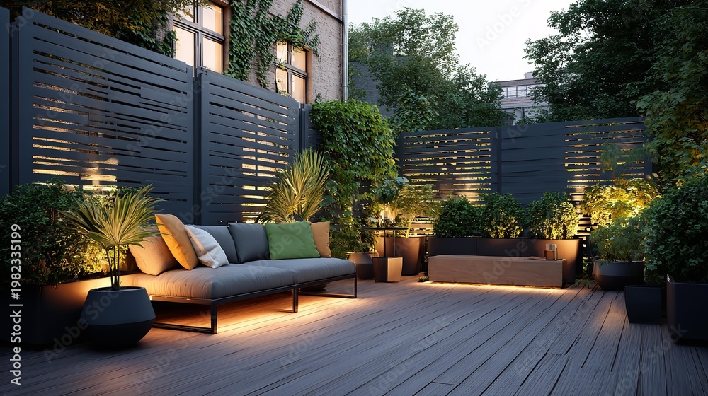 Obraz premium Sunlight bathes a modern garden patio at dusk.