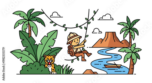 Adventurous explorer swinging on a vine in a lush tropical landscape