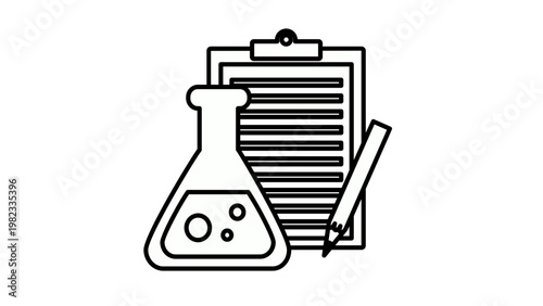 Black line art vector illustration of a laboratory flask, clipboard with document, and pencil. Minimalist icon representing scientific research, chemistry experiment, and data collection.