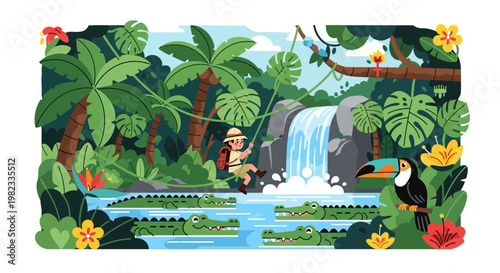 Adventurous explorer swinging over river with alligators in lush jungle