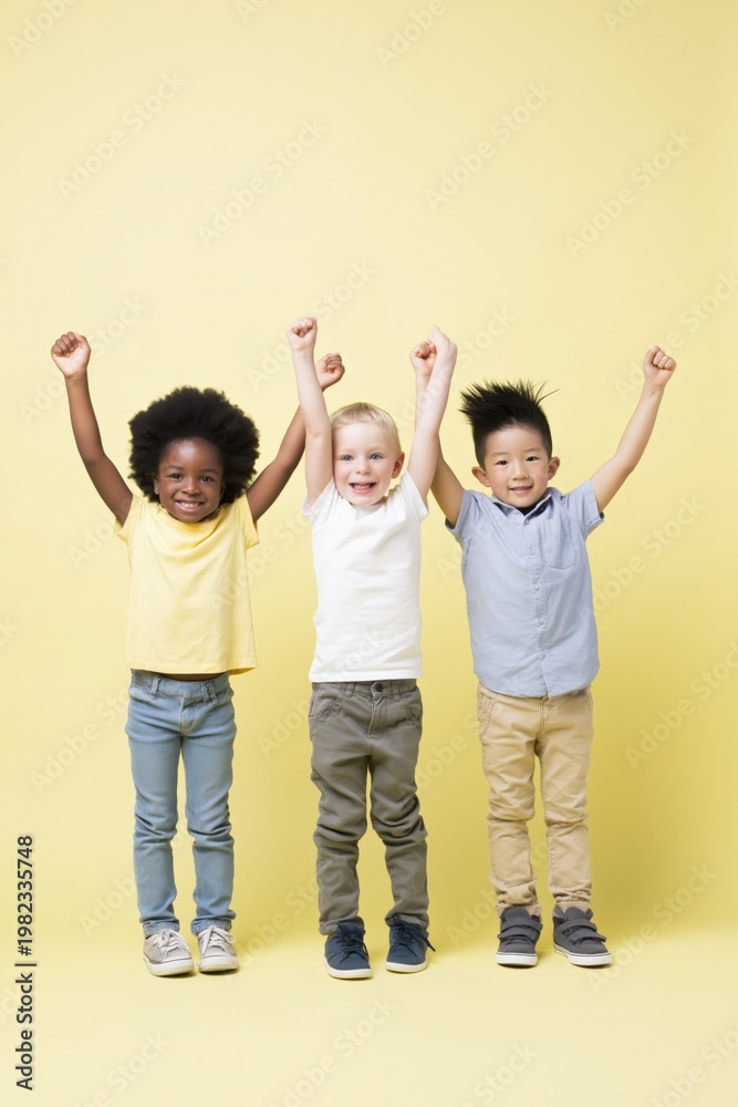 Obraz premium Full length trio of children standing with arms raised