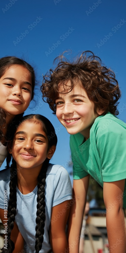 Fototapeta premium Children laughing and leaning forward outdoors under sky
