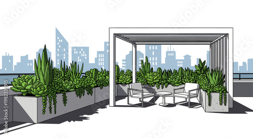 rooftop garden with seating area and city skyline view