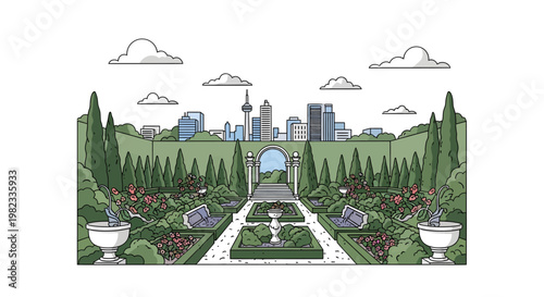 serene garden oasis with cityscape background illustration