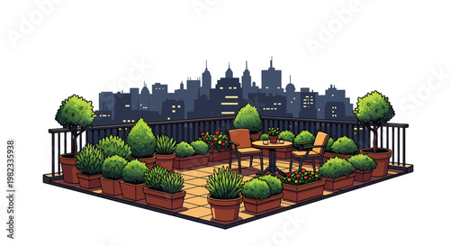 rooftop garden with city skyline and plants
