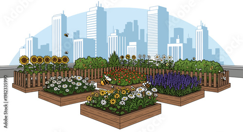 Urban garden with flowers and city skyline background
