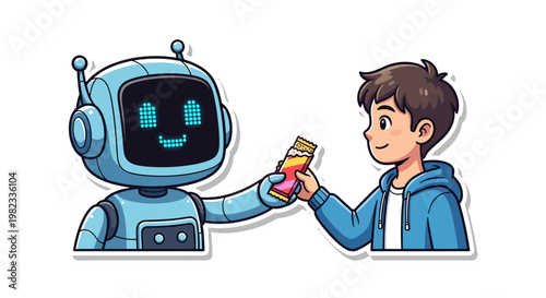 Robot and boy sharing a snack, friendly interaction
