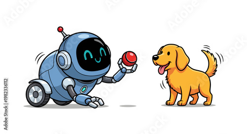 Cute robot and dog playing with red ball together
