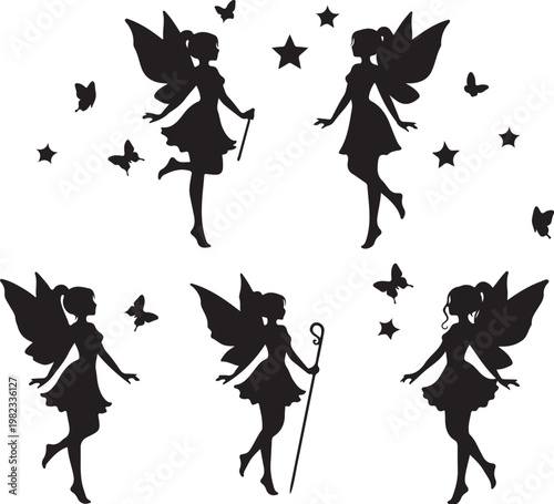 Black fairy silhouettes, fairy icons, winged girl illustrations, magical creatures, starry night graphics