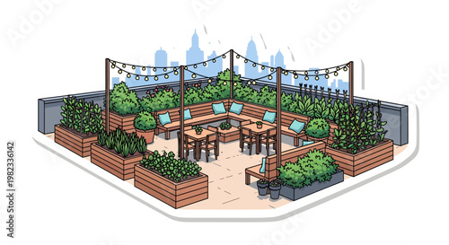 rooftop garden patio with plants and seating area