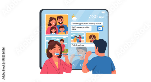 Couple video calling on smartphone with family photos on screen