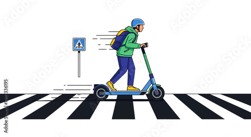 Person riding electric scooter on crosswalk with backpack