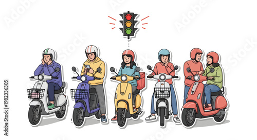 group of people riding colorful scooters in a row
