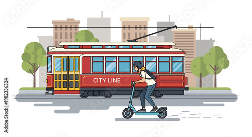 Person riding electric scooter past city tram transportation