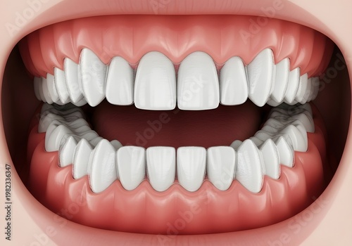 Close up view of a mouth with healthy teeth and gums displayed in an open position viewable frontally