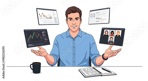 Businessman multitasking with digital devices and documents