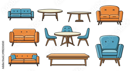 Colorful furniture set including sofas chairs and tables in a cartoon style