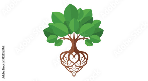 Stylized tree illustration with heart shaped roots.
