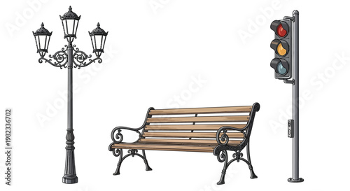A vintage street scene with a lamp post bench and traffic signal