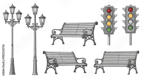Sketch of park elements including benches lampposts and traffic signals