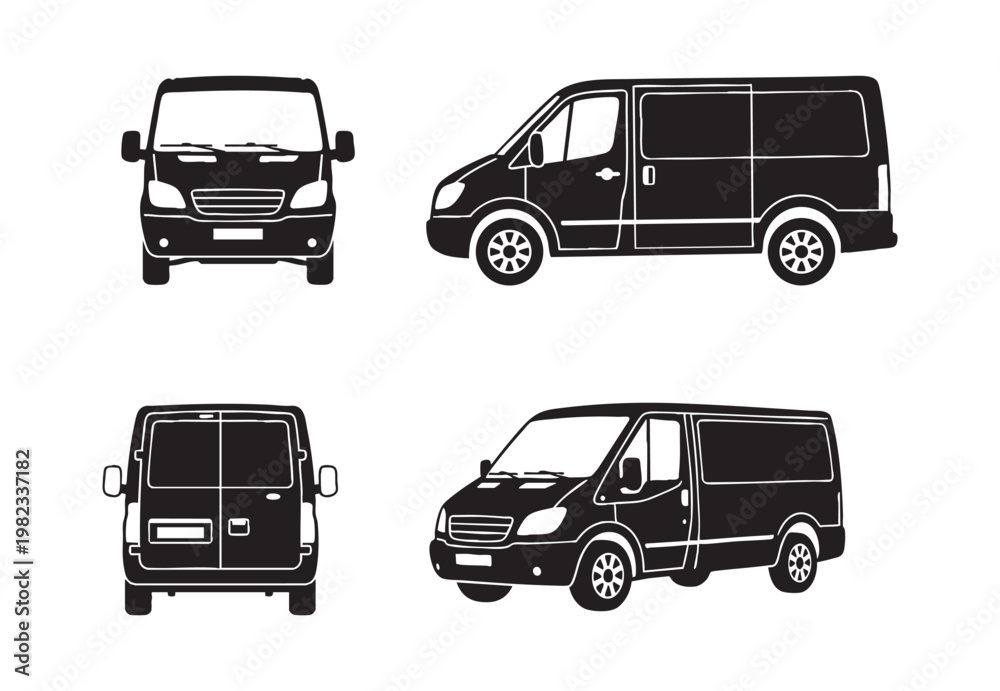 Fototapeta premium Generic Cargo Van Vector Set – Front Side Top and Rear Solid Silhouettes