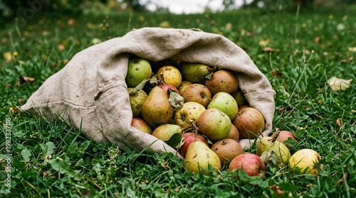 Burlap sack filled with assorted apples and pears resting on green grass in an orchard, showcasing various colors and sizes of fresh fruit