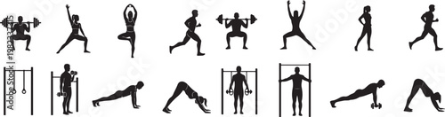 Yoga, fitness, exercise icons, 16 silhouette graphics, vector illustrations, black on white