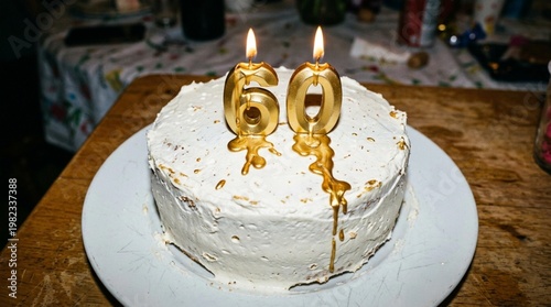 Birthday cake with white frosting topped with golden number 60 candles, placed on a round white plate on a wooden table with festive decorations in the background