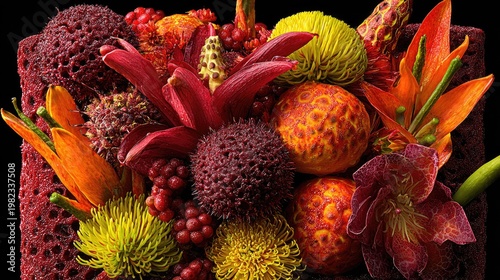 Arrangement of vibrant exotic botanical elements showcases rich textures and warm colors against a dark background