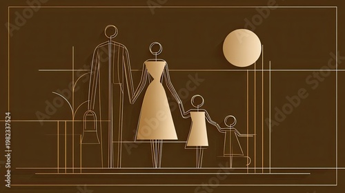 Stylized depiction of a nuclear family unit presented with geometric line art against a dark background