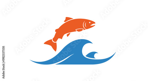 Minimalist icon of an orange salmon fish jumping over a blue ocean wave.
