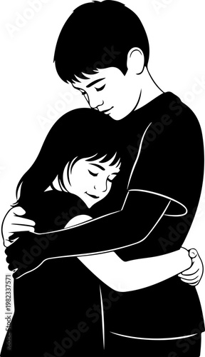 Loving siblings embrace illustration showing brother and sister hugging in black vector.