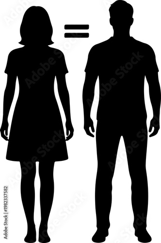 Gender equality symbol featuring male and female silhouettes with equal sign in middle.