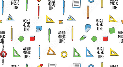 Pattern of colorful school supplies and 