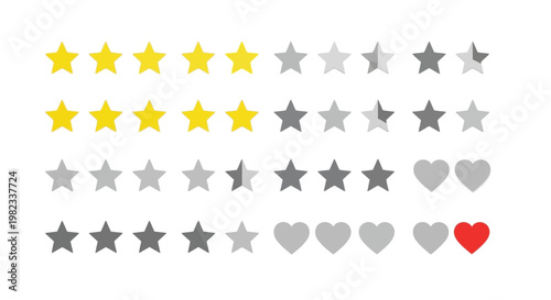 Vector illustration set of colorful rating stars and heart icons for business customer review feedback systems